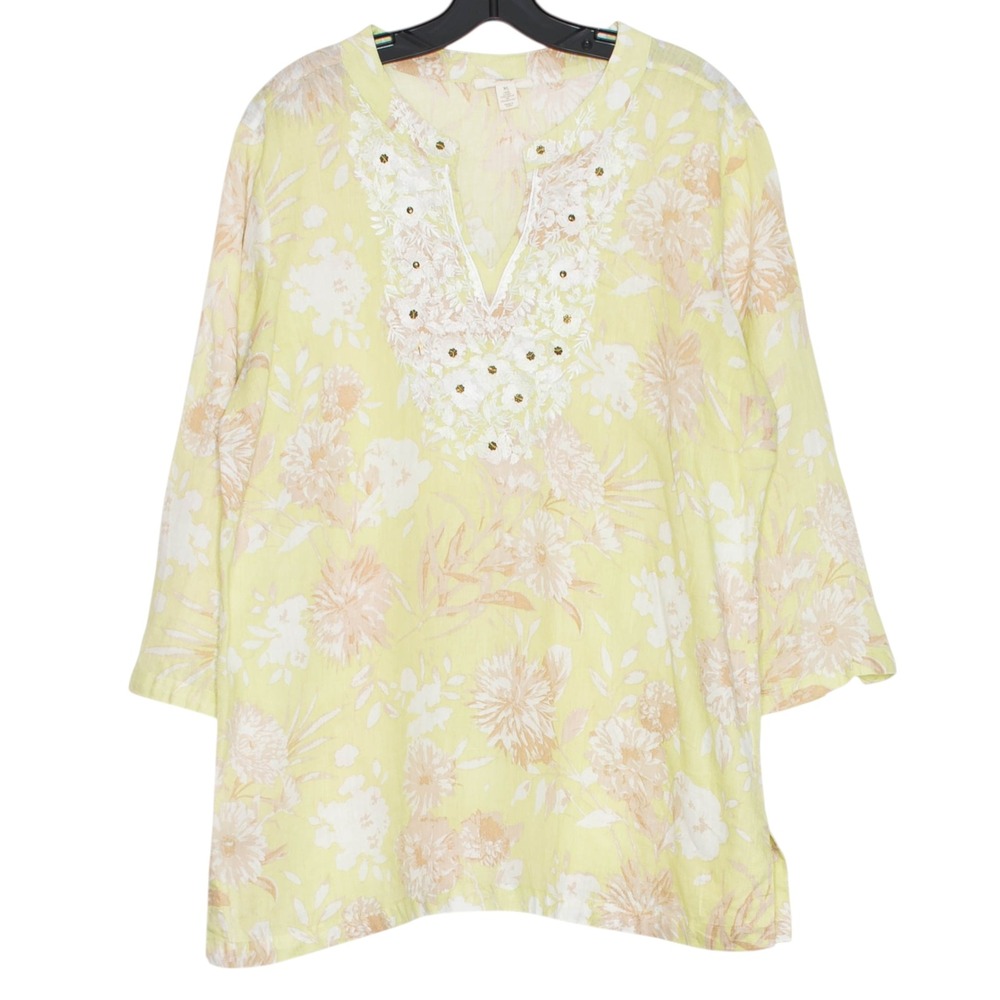 Charter Club Luxury Tunic Top 3/4 Sleeve Linen Floral Embroidered Green Beach XL